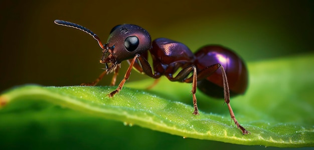 Photo a black ant sits on a green leaf.