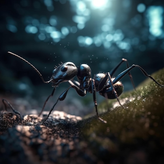 青色の背景に ant という文字が付いた黒いアリ