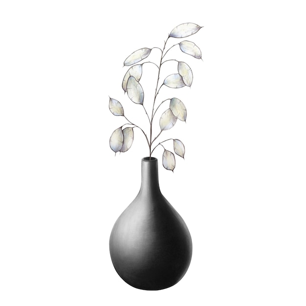 黒いアンティークの陶器の花瓶とルナリアの枝 アクアカラーで手で描かれた粘土の鍋をバックに隔離した