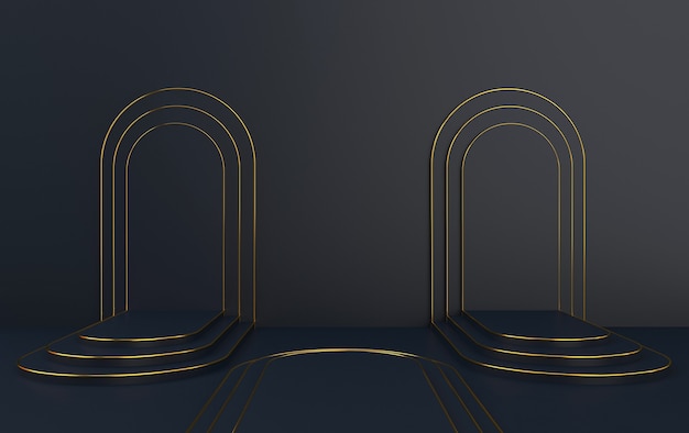 Black arc with a podium, minimal portal, 3d rendering, scene with geometrical forms, minimal abstract background, black background, round gold frame