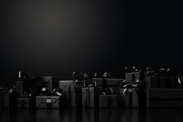 Black Arranged Gifts boxes with black ribbon and bow on black background Black Friday concept