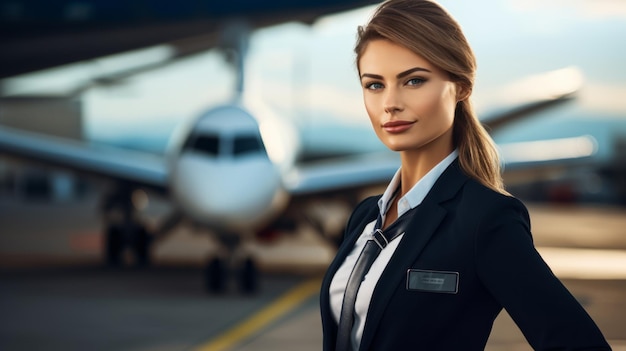 Black Attractive flight attendant near airplane in airport