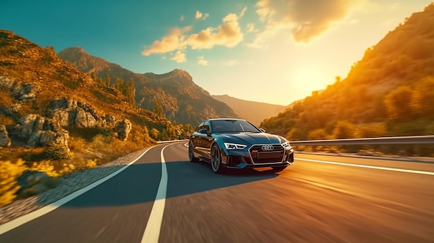 A black audi sportback is driving on a mountain road.