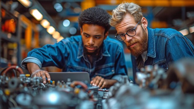 Foto black auto technician en caucasian fixer monitoring diagnostic results op een laptop en computer mechanics uitleg van een motoronderbreking