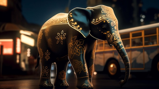 Black baby elephant on asian night city street in cyberpunk style Generative AI