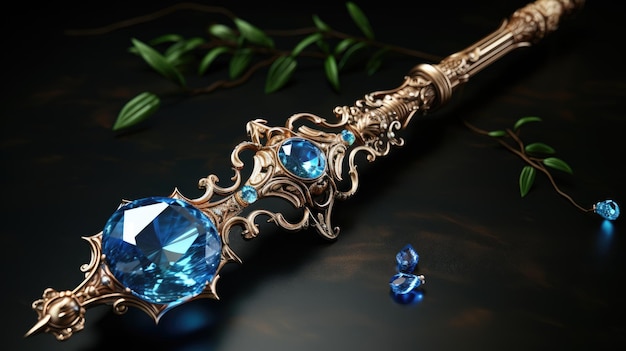 A black backdrop is used to illustrate a blue magic wand. For witches and wizards, a blue shimmering gem or crystal on top is typical. Conceptual Fantasy Arms, Video Game, and Magical Staff