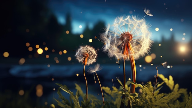 A black backdrop with a dandelion in the wind Generative Ai