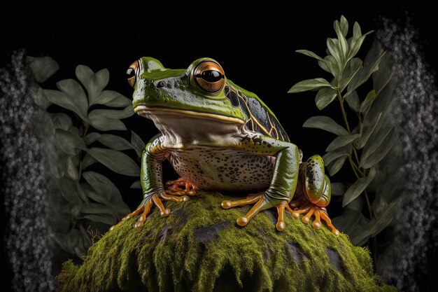 Black backdrop with a Javan tree frog sitting on moss