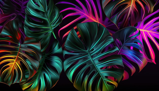 black backgroun neon tropical monstera leaf banner studio light