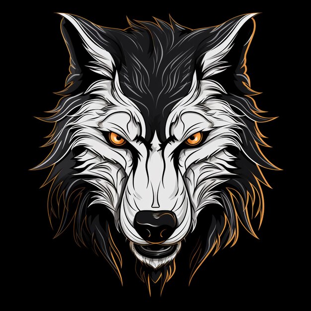 Photo black background 2d line art style of wolf face with sharp gaze mascot for tshirt generative ai