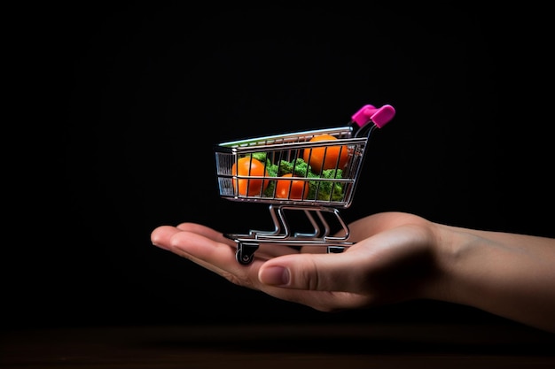 Black background accentuates hand holding mini cart a visual shopping experience