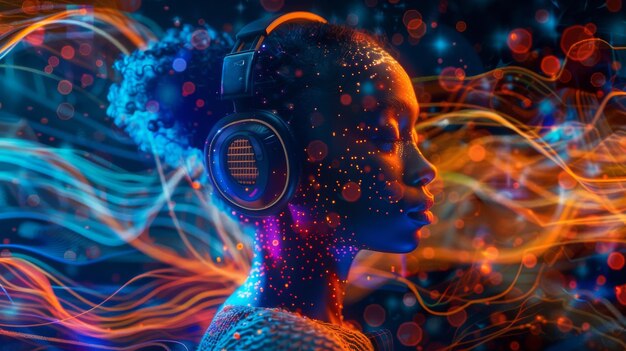 Photo on a black background an african woman wears headphones where music flows allowing emotions to flow feeling emotions to be expressed in vibrant colors and experiencing dynamic sound waves