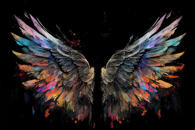 검정색 배경에 밝은 색상으로 칠해진 천사 날개 Generative AI