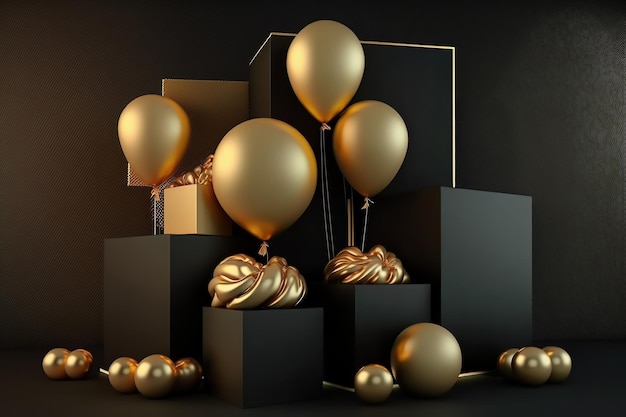 On a black background are black gift boxes and gold balloons