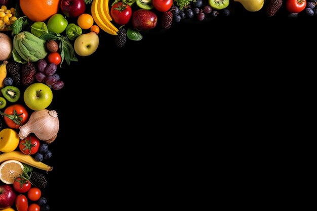 Black background around the edge of which are fruits vegetables