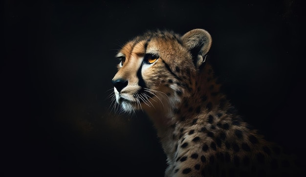 on a black background a cheetah is facing up