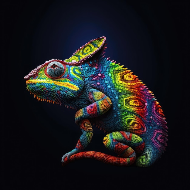 Black background of a colorful chameleon hyper detailed Generative Ai