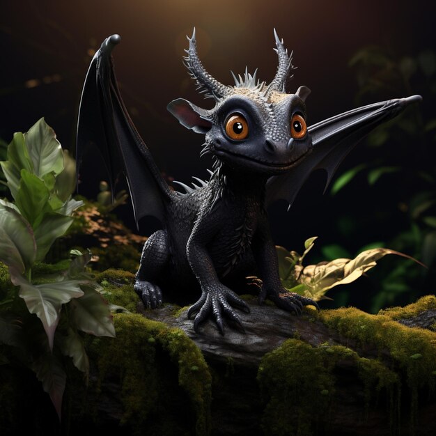 Photo black background cute baby black dragon on the enchanted fairy forest generative ai