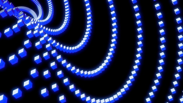 Design a sfondo nero, tondi blu brillante che si illuminano di luci bianche e linee che si muovono in uno