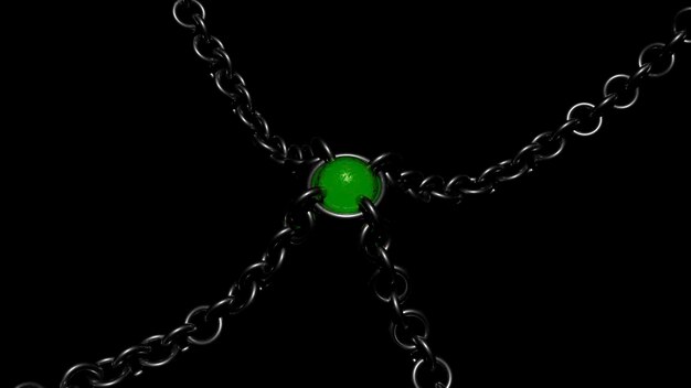 검은색 배경 디자인은 d의 철 사슬과 중앙에 돌과 같은 녹색 원입니다.