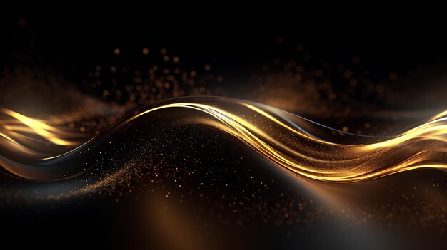 Black background and golden waves with bubbles