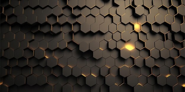 Black background of hexagons of different heights top lighting Technological backdrop Generative Ai