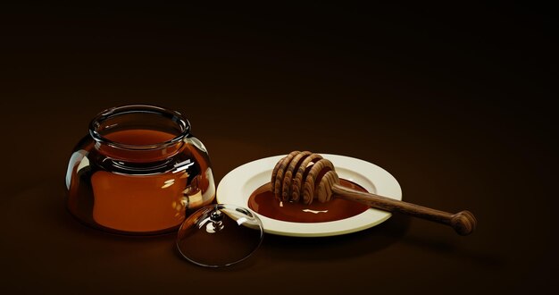 Foto sfondo nero miele 3d trasparente barattolo di vetro di miele, piatto bianco pieno di miele lucido