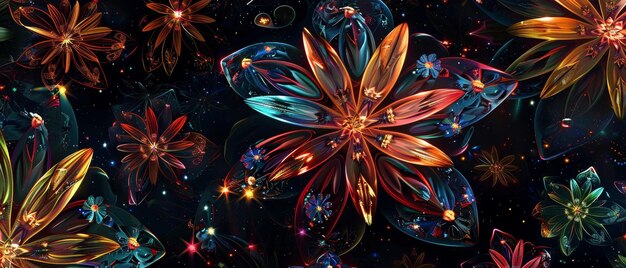 Photo the black background is adorned with 3d abstract flowers and stars in a seamless pattern