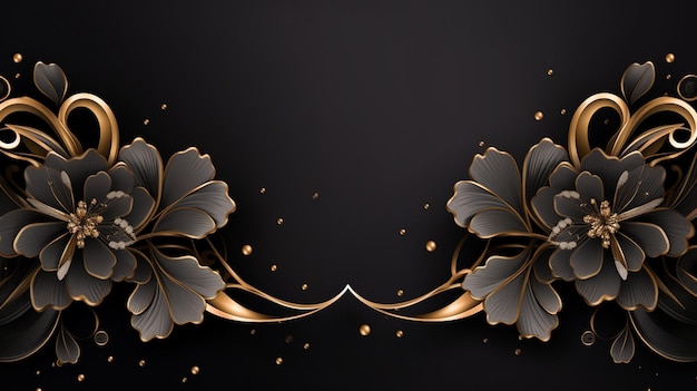 The black background is decorated with white and gold floral ornaments