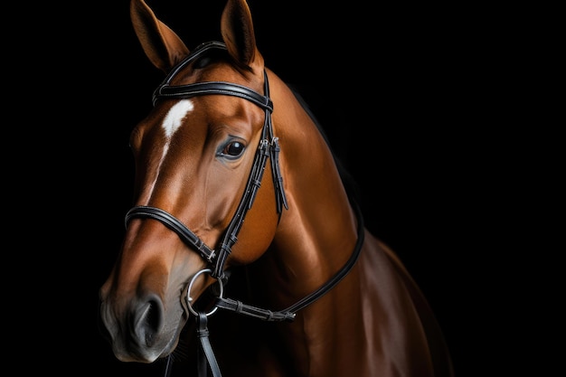 Photo black background isolated portrait of a beautiful chestnut dressage budyonny gelding horse wearing a