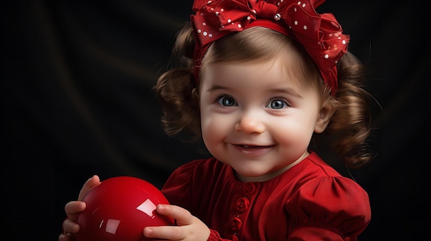검은색 바탕에서 빨간색 옷을 입고 빨간색 활을 쓴 사랑스러운 아이가 빨간색 공을 가지고 놀고 있습니다.