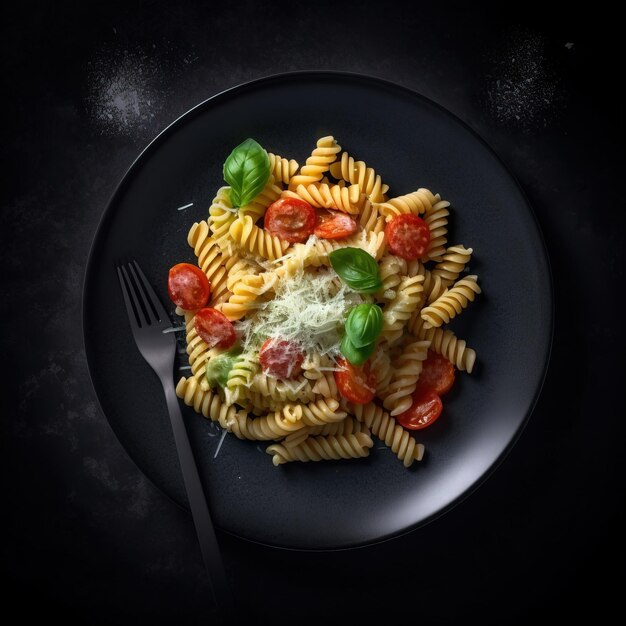 Foto sfondo nero pasta fusilli con salsa su elegante piatto ai immagine fotorealistica generata