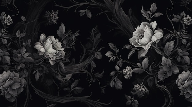 Black background in the style of stunningly beautiful illustrations with motifs of black flowers