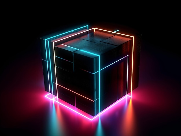 Foto carta da parati con sfondo nero con illustrazione di cubi al neon 3d