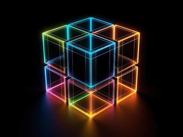 Black background wallpaper with 3D neon cubes illustration