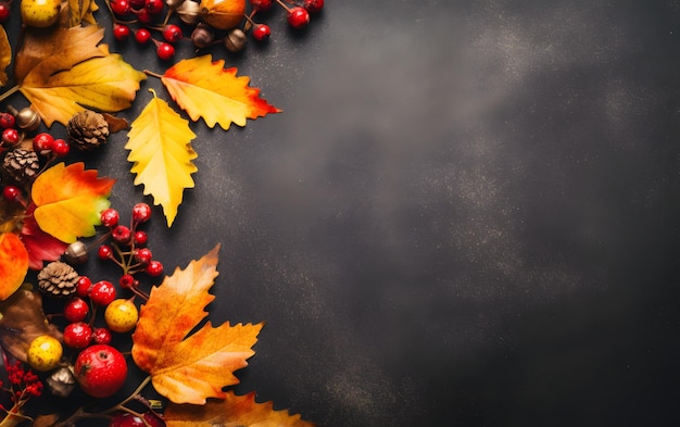 A black background with autumn leaves and red berries.