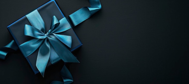 Black background with a blue ribbon and gift box