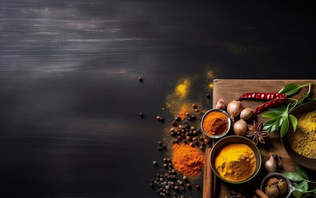 A black background with a bowl of spices and a bowl of spices.