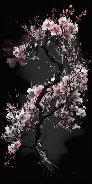 A black background with a branch of cherry blossoms.