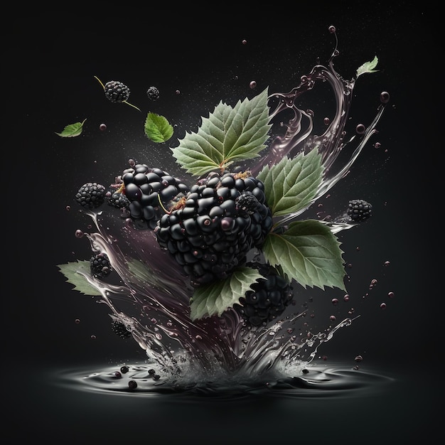 A black background with a bunch of blackberries and leaves that have been splashing.