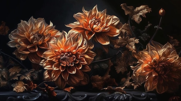 A black background with a bunch of flowers and leaves.