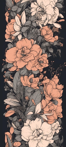 A black background with a bunch of flowers and leaves.