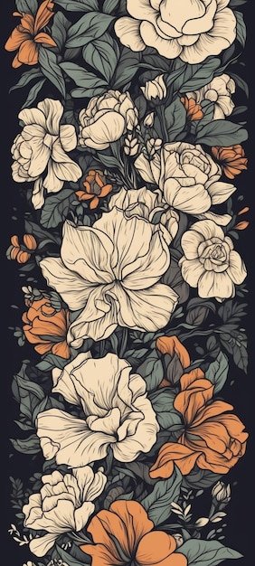 A black background with a bunch of flowers and leaves.