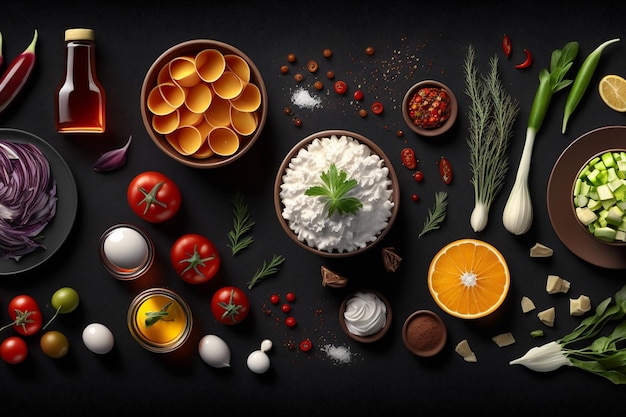 a black background with a bunch of food and ingredients including eggs, tomatoes, and rice.