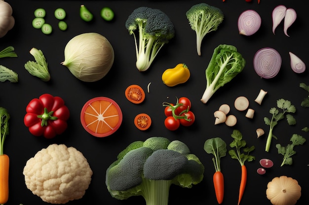 a black background with a bunch of vegetables including broccoli, carrots, tomatoes, and celery.