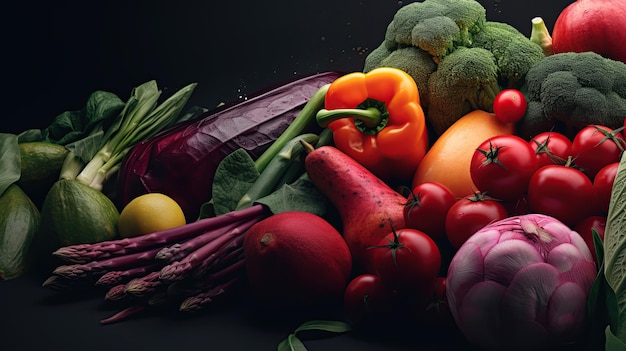 A black background with a bunch of vegetables including broccoli, red, yellow, green, and purple.