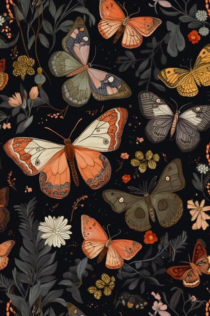 A black background with butterflies and flowers.