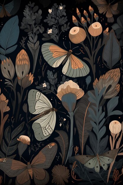 나비와 꽃이 있는 검정색 배경.