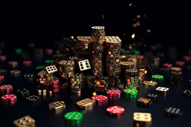 A black background with casino chips and dice on the floor.