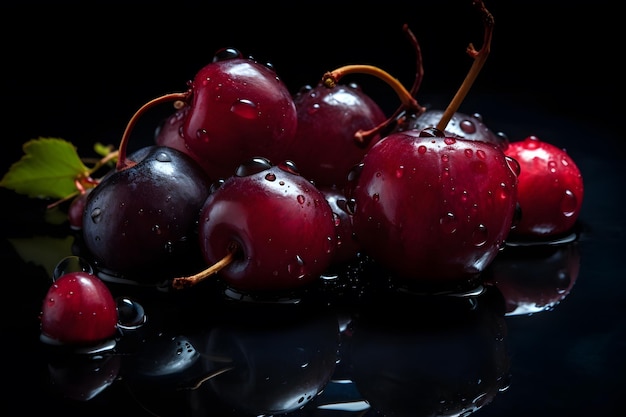 A black background with cherries on the table